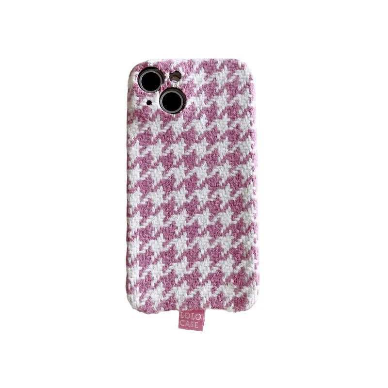 Pink houndstooth TPU phone case for iPhone 14 Pro Max with drop protection