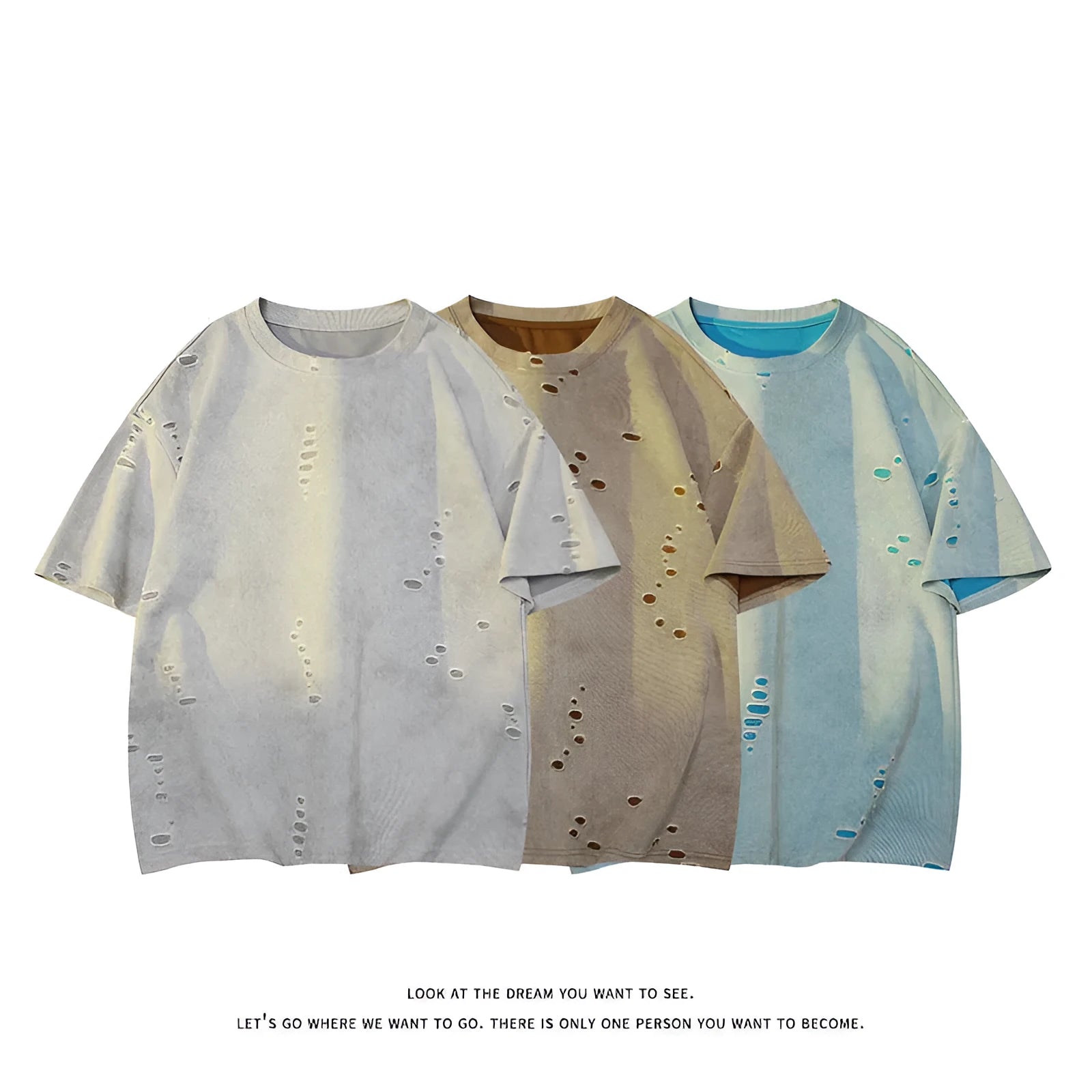 Men's grey cotton blend loose T-shirt with ripped American leisure style details