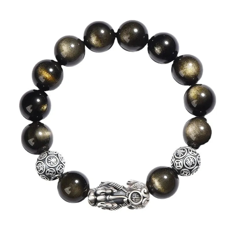 Men's geometric bracelet with sterling silver and natural black obsidian beads in three width sizes