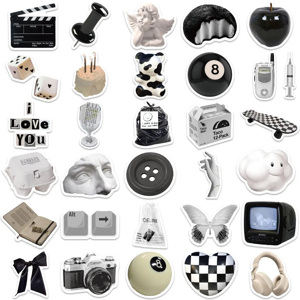 61 black and white waterproof PVC stickers for laptop and phone decoration.