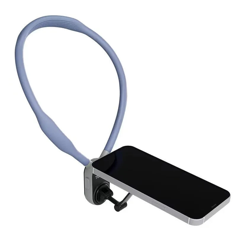 Grey silicone magnetic neck mount holding mobile phone in horizontal orientation