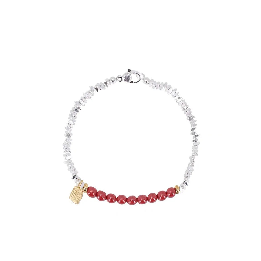White silver lucky beads couple bracelet made of copper, 16 cm long with geometric design.