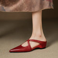Vintage washed cowhide pointed-toe mules shoes in apricot genuine leather women's flat shoes