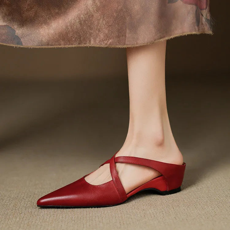 Vintage washed cowhide pointed-toe mules shoes in apricot genuine leather women's flat shoes