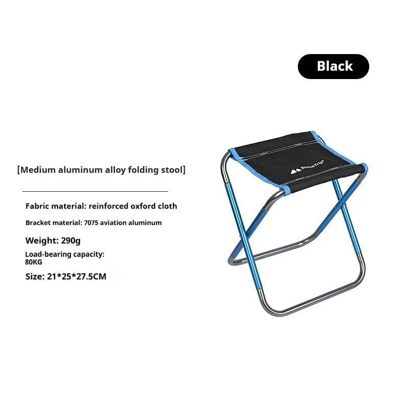Black ethnic style aluminium alloy portable folding stool for camping and fishing.