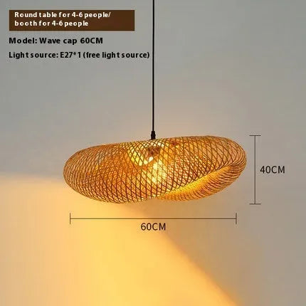 Bamboo straw hat-shaped hanging lamp with natural rattan shade measuring 50cm diameter
