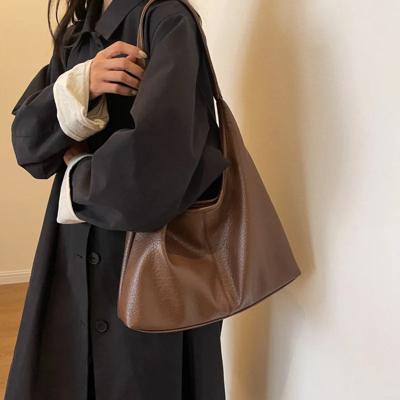 Two women's underarm shoulder bags in beige and brown, with small wallet, soft PU leather, horizontal square shape