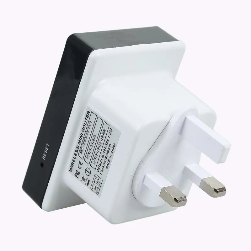 300Mbps WiFi repeater with dual Ethernet ports and UK plug, white plastic housing
