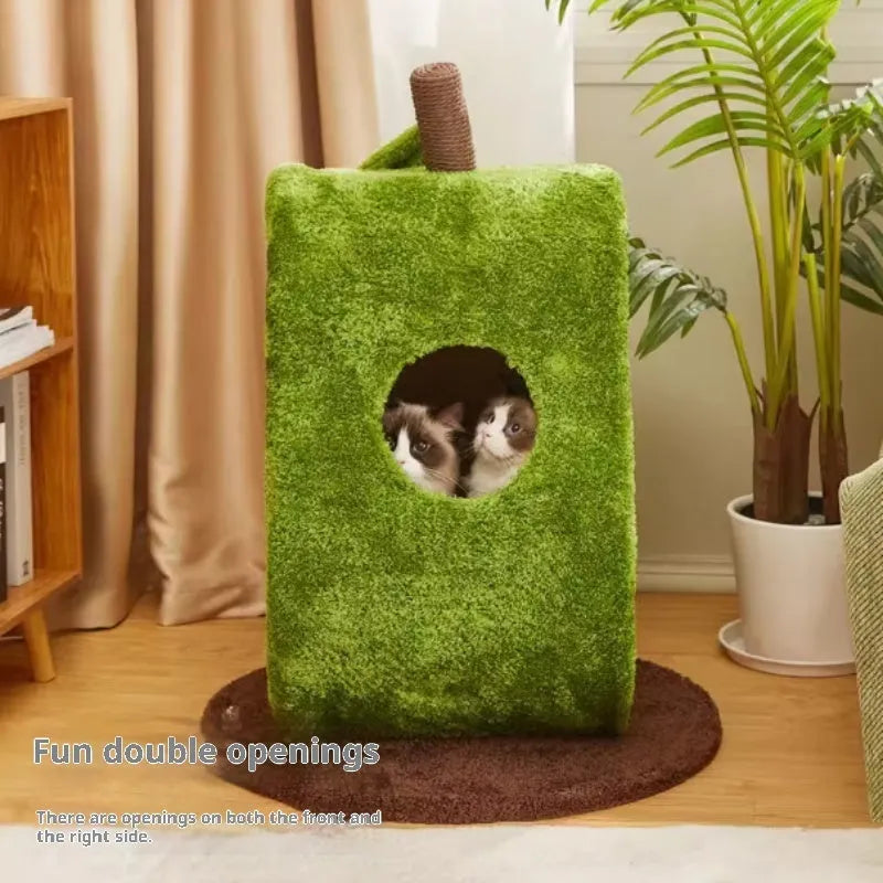 Green avocado-shaped closed cat nest made with PP cotton and bubble velvet for indoor cats
