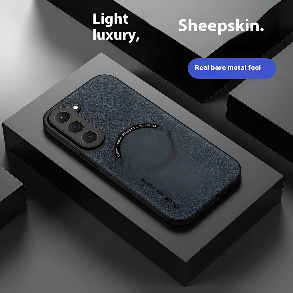 Samsung Galaxy phone case with magnetic ring in Graphite Black imitation leather back cover