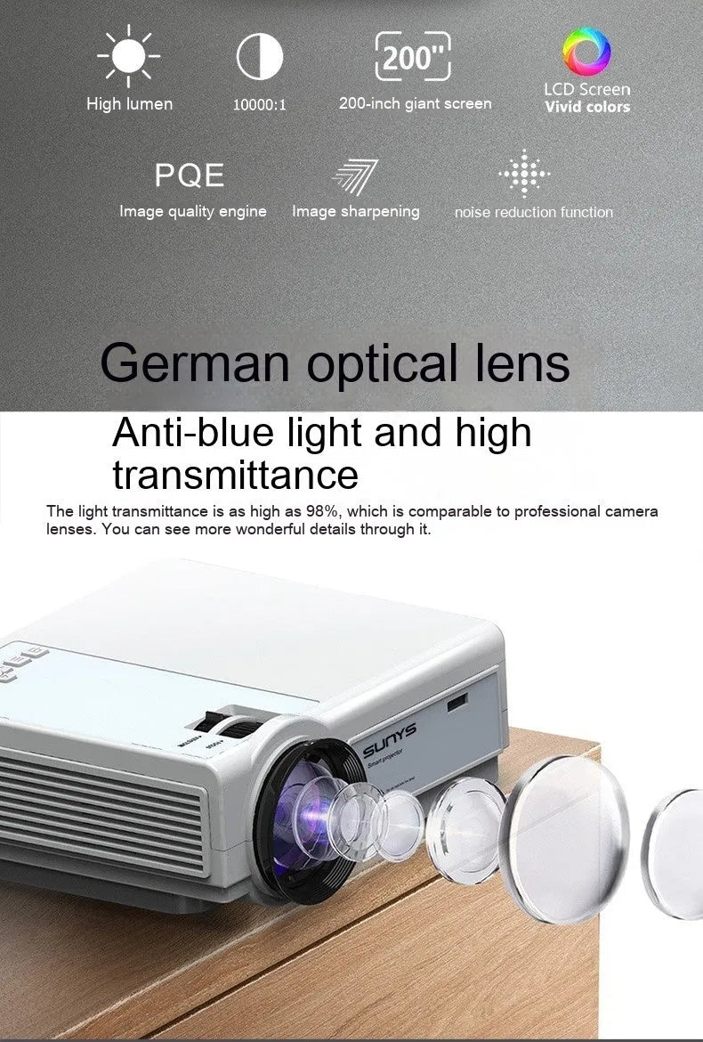 Portable HD 1080p projector in white with remote control, placed on a tabletop