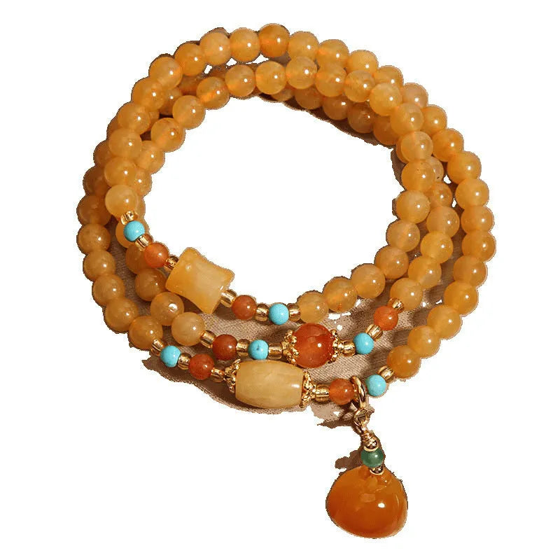 Three-layer jade bracelet with carved lotus seedpod pendant, Jinsi jade, women's retro style