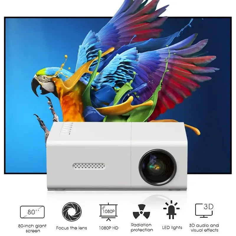 M100 mini home LED projector in black colour showing remote control and power cables