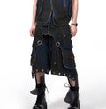 Blue hooded denim vest coat with matching trousers set on mannequin