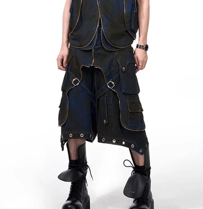 Blue hooded denim vest coat with matching trousers set on mannequin