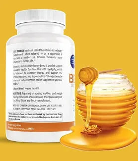 Bottle of royal jelly capsules showing 60, 90, or 120 tablets per pack