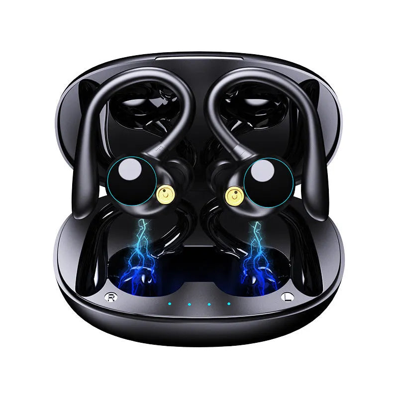 Black PC ABS in-ear Bluetooth headset with ear hook and digital display