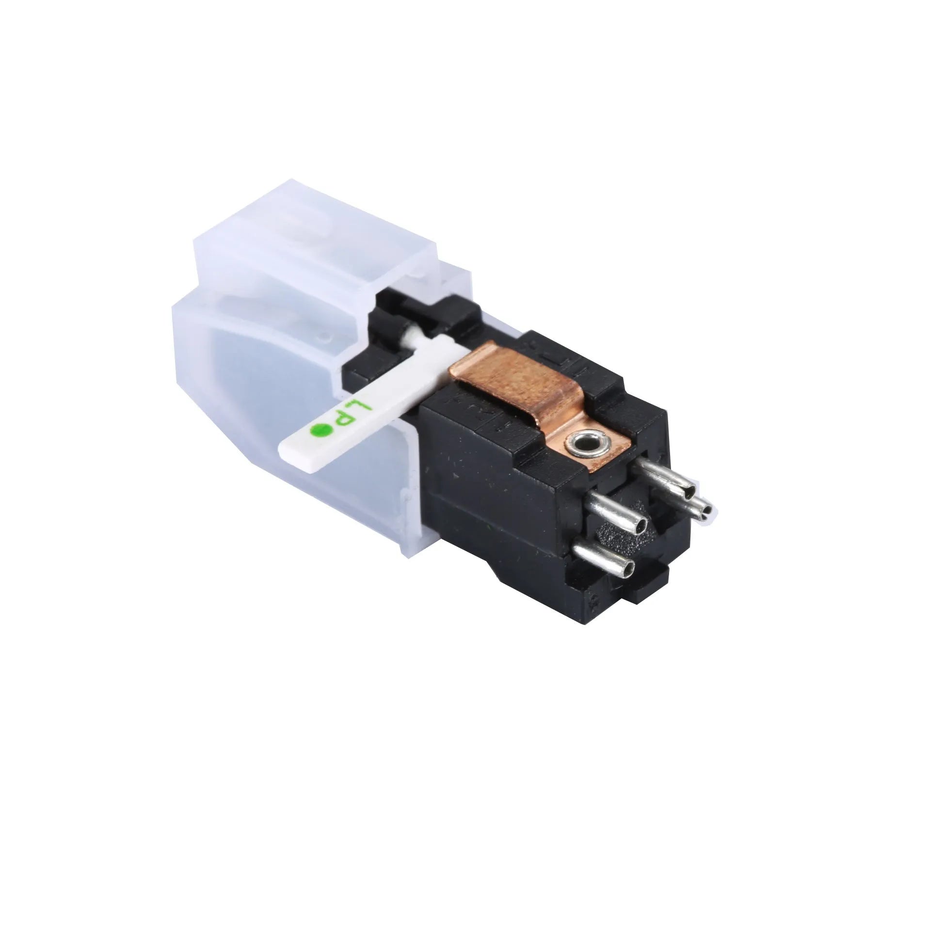 A record player magnetic cartridge with a black ABS shell, measuring 28mm by 10mm.