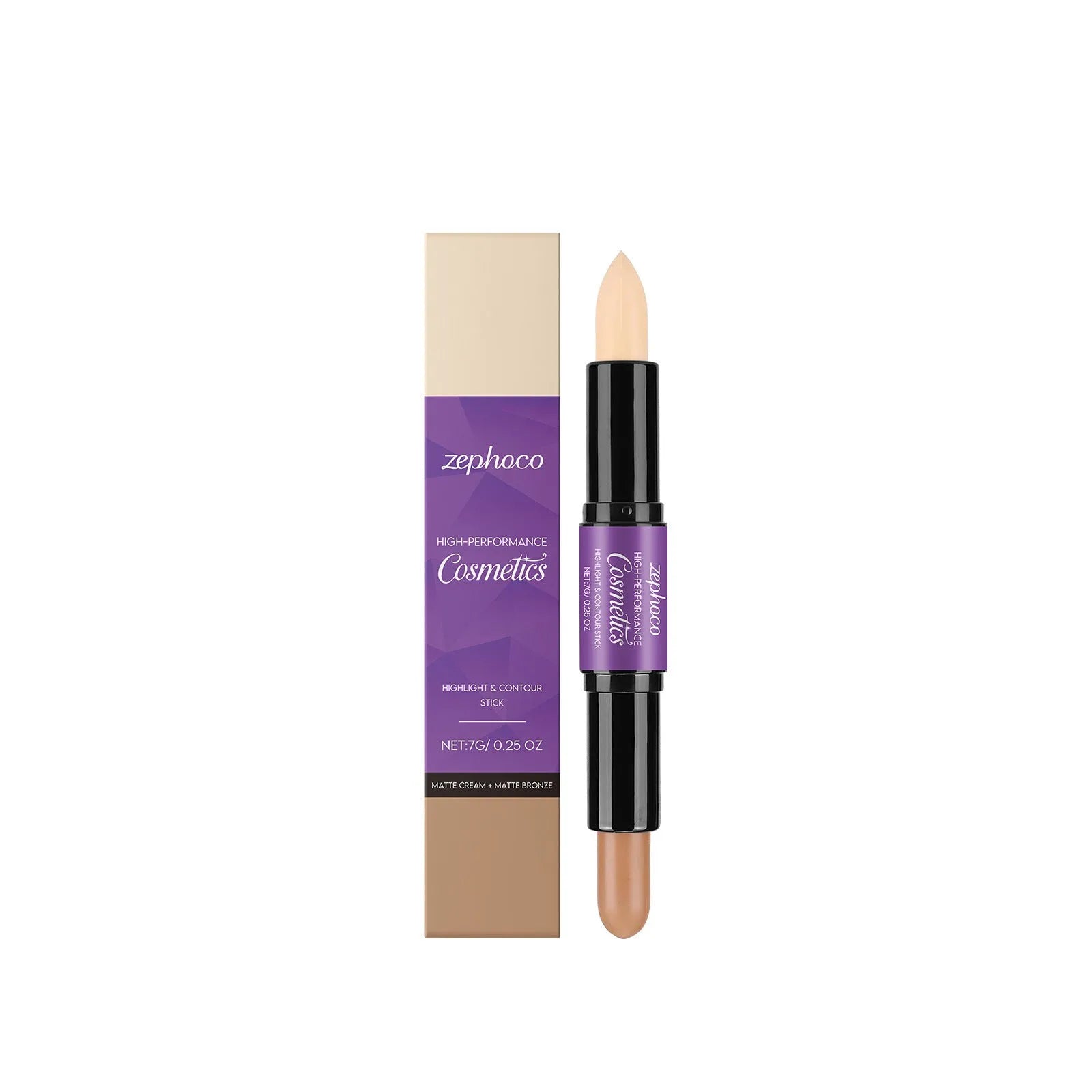 Dual-ended cream highlight and contour makeup stick in three shade styles