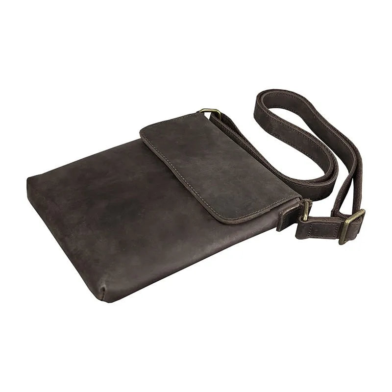 Men's Crazy Horse leather crossbody backpack in brown, solid colour retro design with front flap and buckle closure