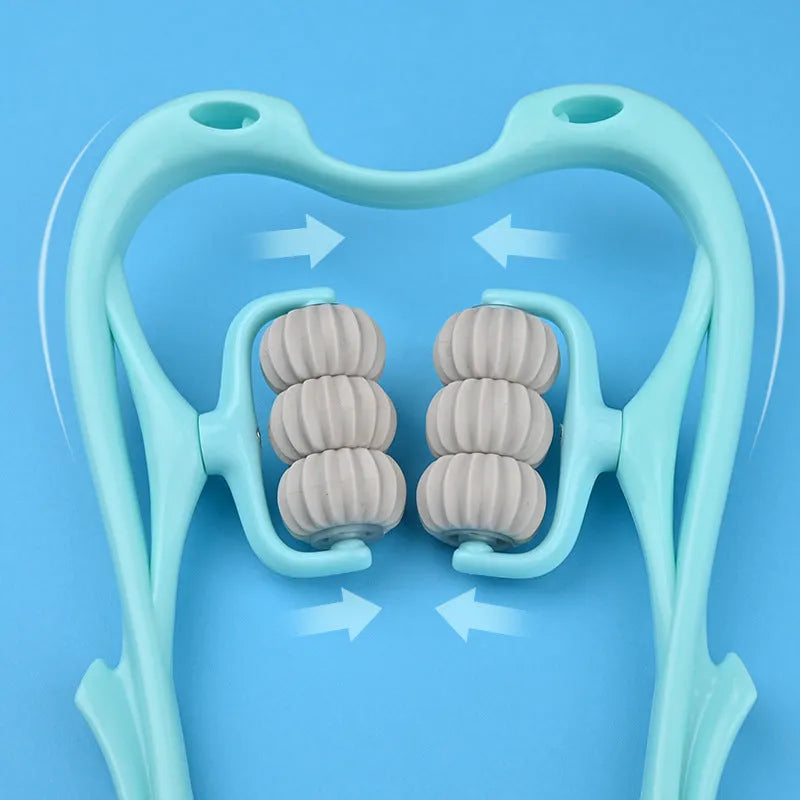 Blue plastic handheld massager with six white rotating wheels for neck and shoulders.