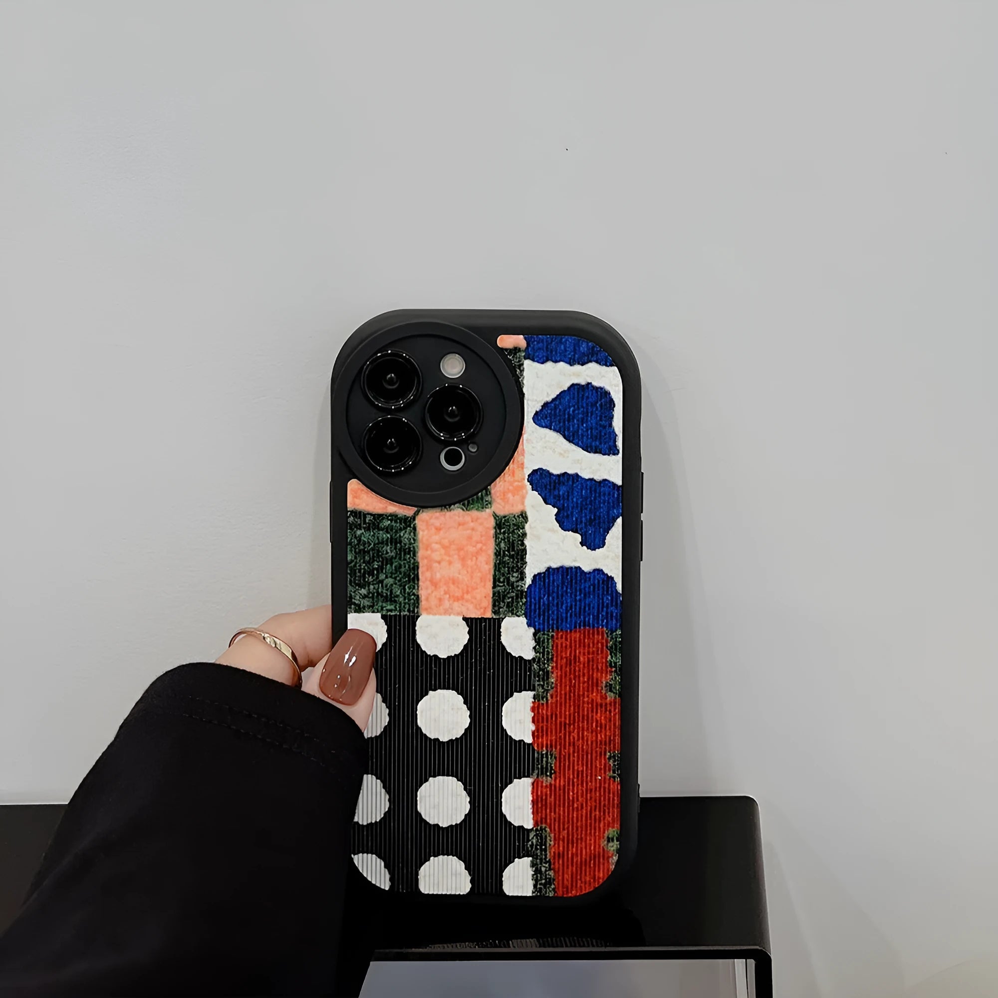 Art colour contrast patchwork TPU phone case with black leather-style finish and dot stitching for Apple iPhone