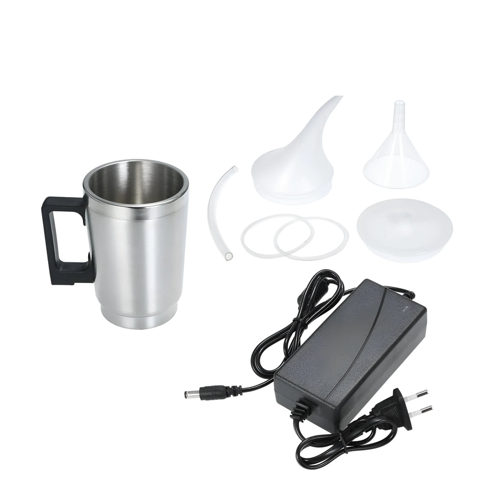 Stainless steel headlamp repair cups with elbow and funnel covers next to GB/US and European power adapters