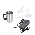 Stainless steel headlamp repair cups with elbow and funnel covers next to GB/US and European power adapters