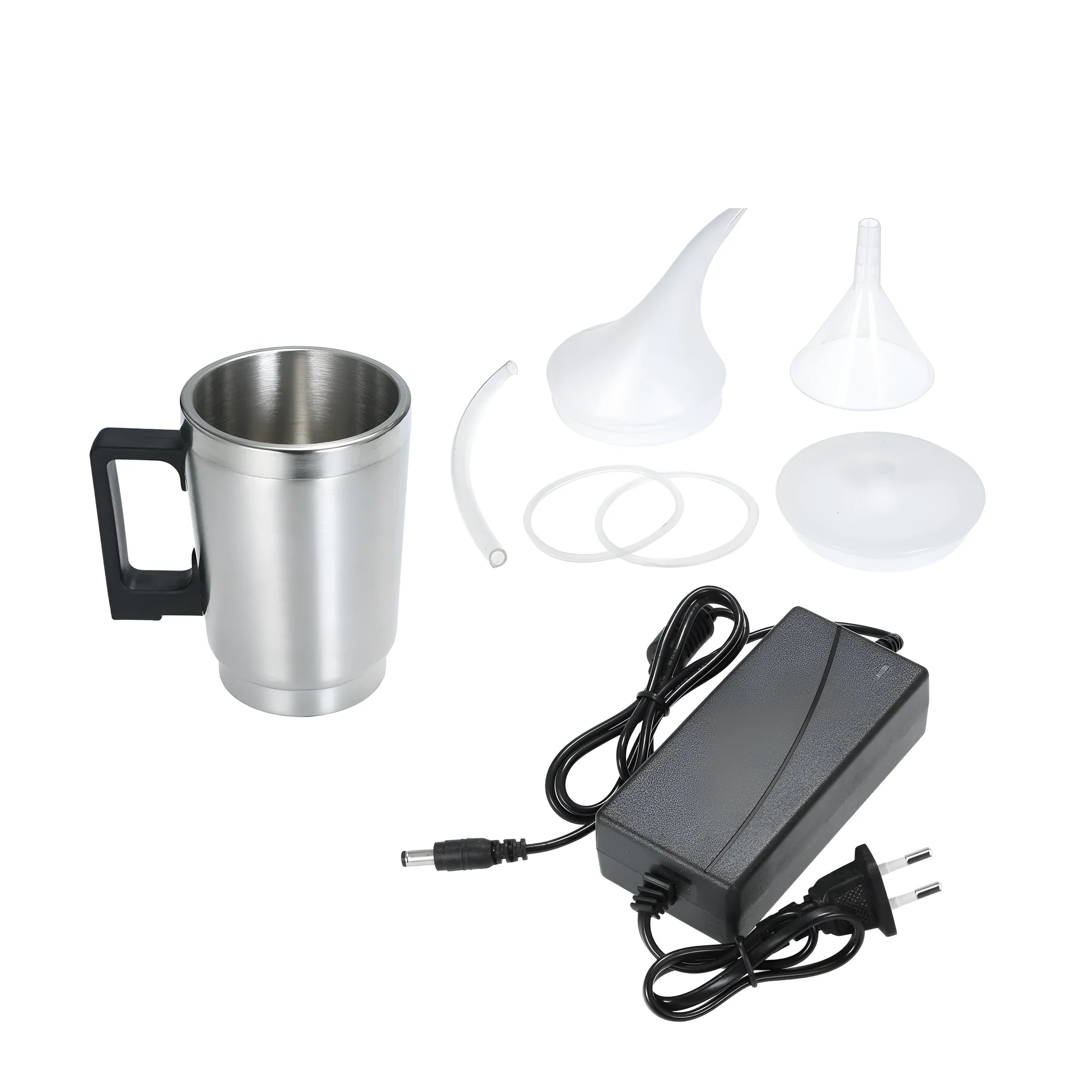 Stainless steel headlamp repair cups with elbow and funnel covers next to GB/US and European power adapters