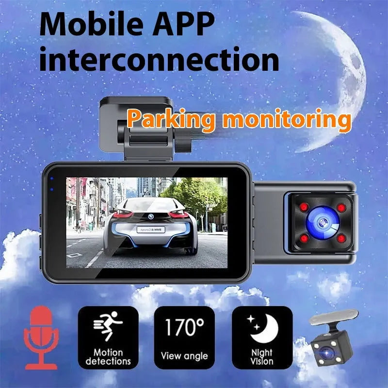 Black three-lens dashboard camera for front windshield mounting with a 3-inch screen