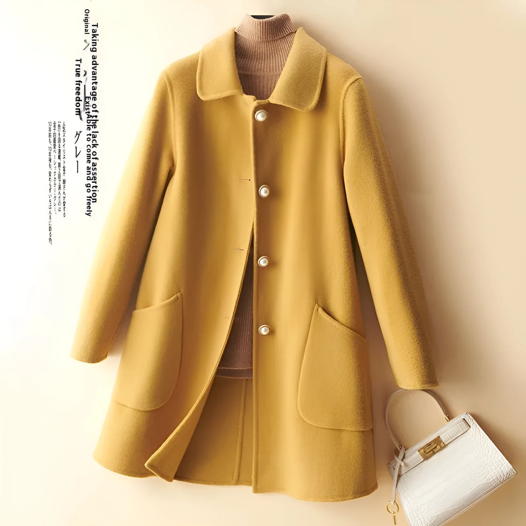 Women's double-faced wool coat with doll collar and pearl buckle in medium length