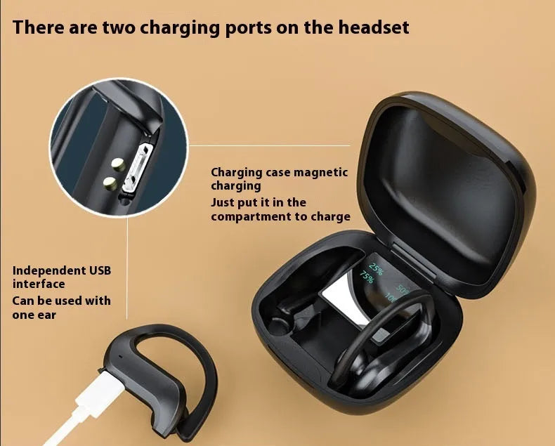Black plastic wireless TWS sports Bluetooth headset with digital display screen, ear-mounted design
