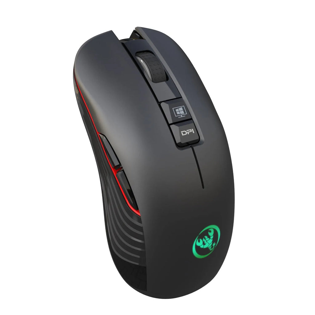 Black wireless gaming mouse with RGB breathing lights on a desk, showing ergonomic shape and scroll wheel.
