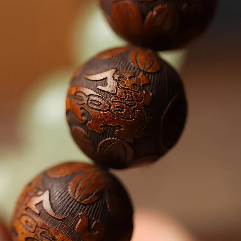 Rosewood flexible bracelet with carved Fu characters on 12 wooden pieces