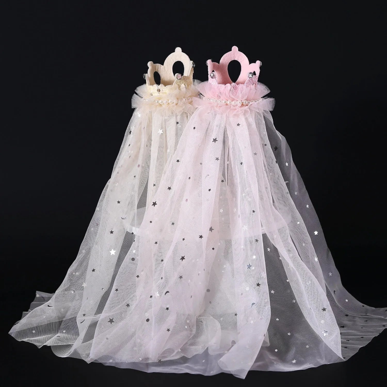 Pet cat wearing princess crown headdress with veil for wedding or birthday costume