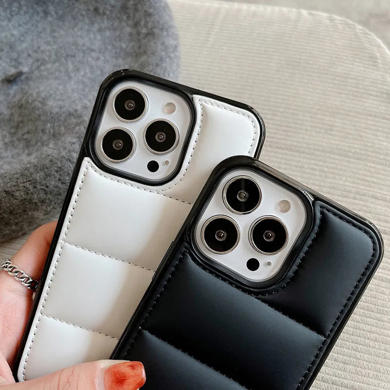Candy down jacket shape iPhone case in black, white, rose red, and green colours