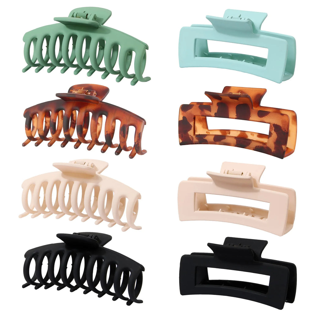 Six plastic hair clips with frosted grip texture and quadrilateral design in individual OPP bags