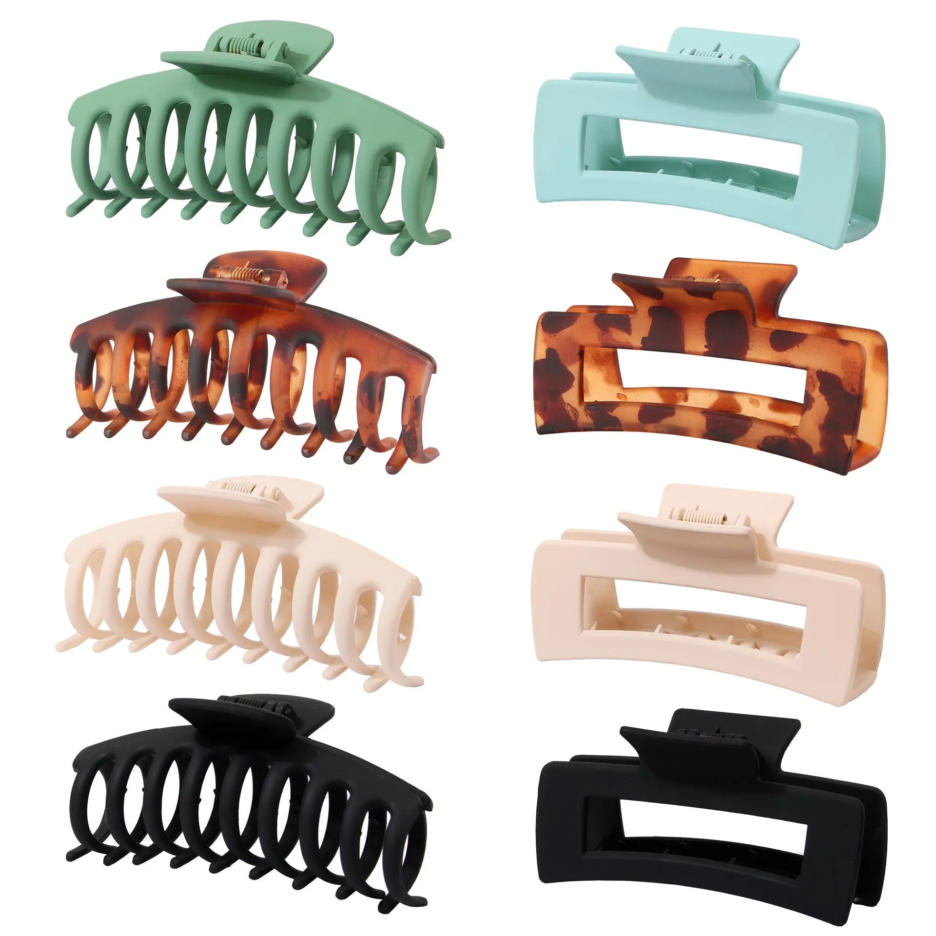 Six plastic hair clips with frosted grip texture and quadrilateral design in individual OPP bags
