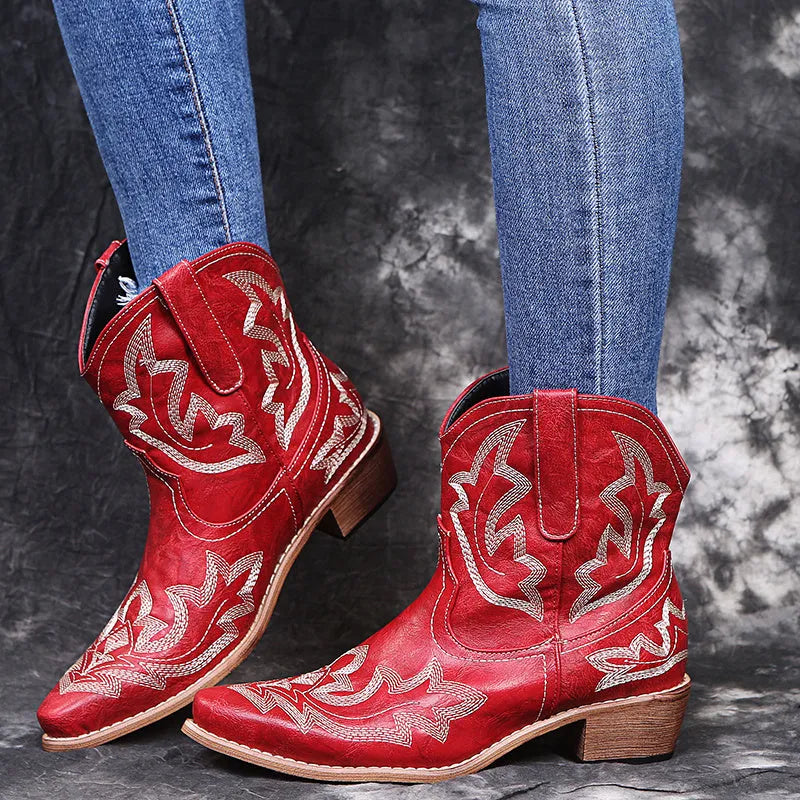 Women's embroidered cowboy boots with wedge heel in blue colour showing pointed toe and decorative stitching