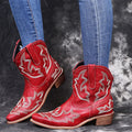Women's embroidered cowboy boots with wedge heel in blue colour showing pointed toe and decorative stitching