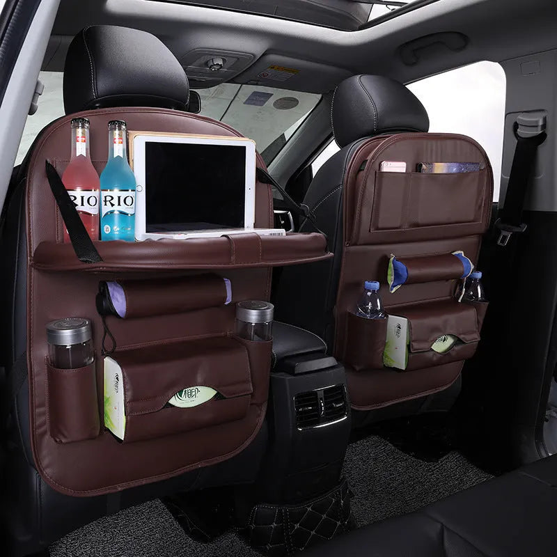 Leather car seat back hanging bag in black classic style with storage pockets
