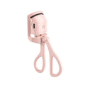 White heated eyelash curler with USB charging cable and two temperature modes, compact 41 x 65 x 130mm size