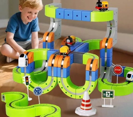 Children's educational track cube building blocks toys 55-piece Basic Edition magnetic plastic set USB charging