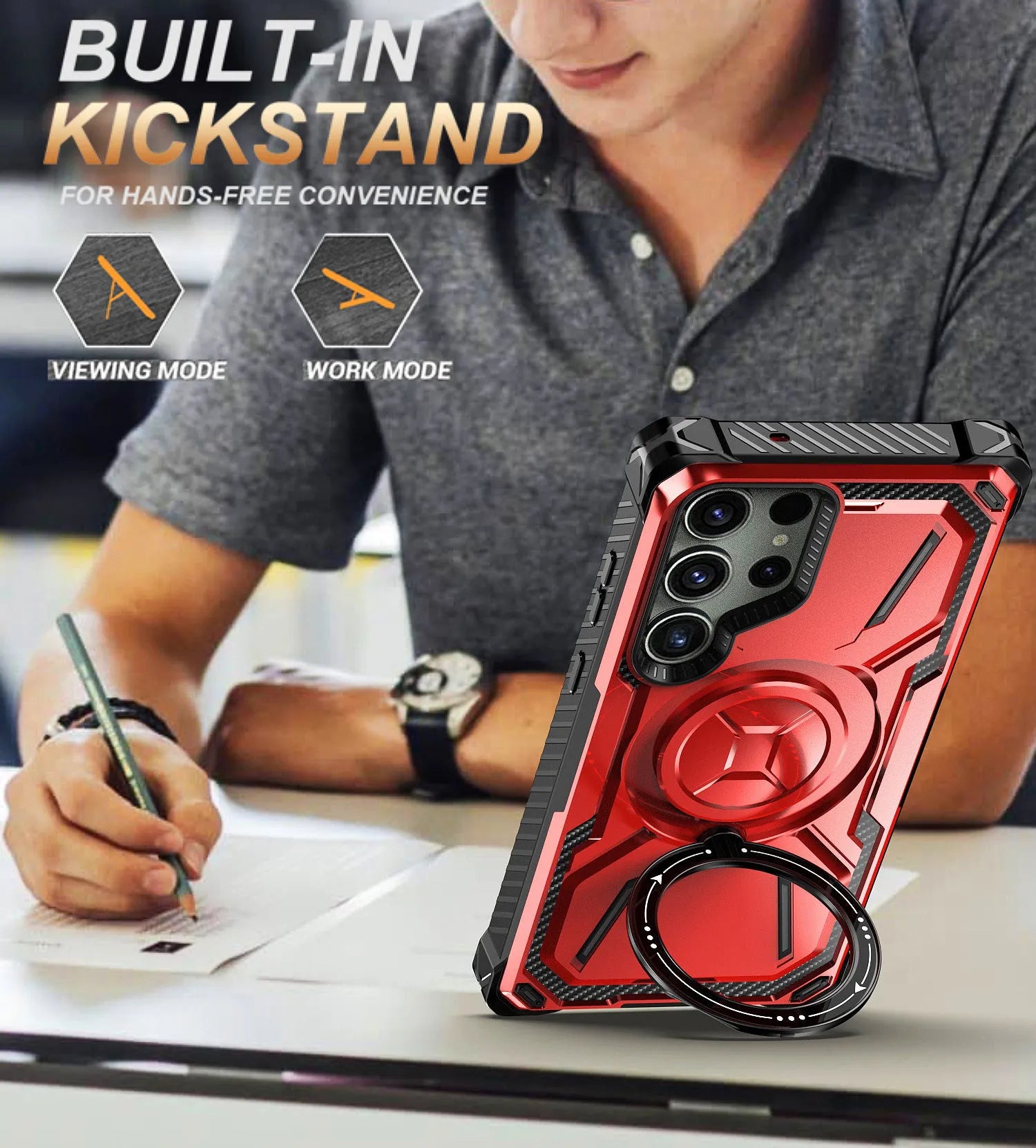 Magnetic ring drop-resistant phone case for Apple Samsung in black with bracket-style design.