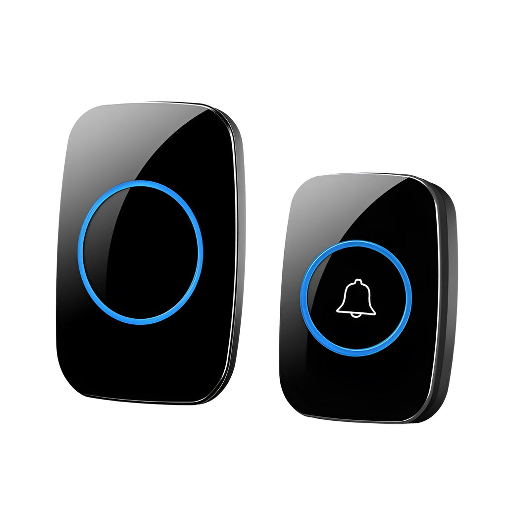 Wireless doorbell set with black receiver and emitter, 300m range, 60 ringtones, mains powered