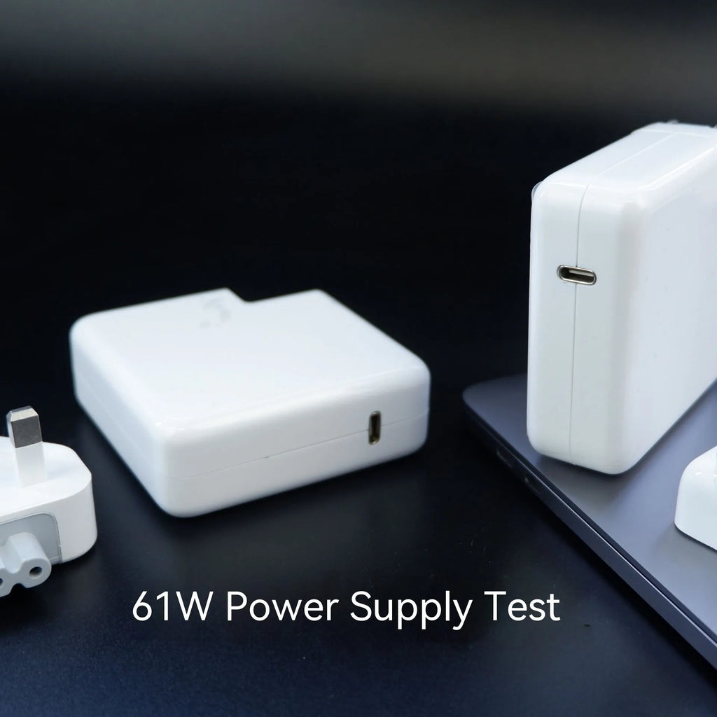 Laptop power adapter charger unit with USB-C cable showing compact 7x7x3cm dimensions