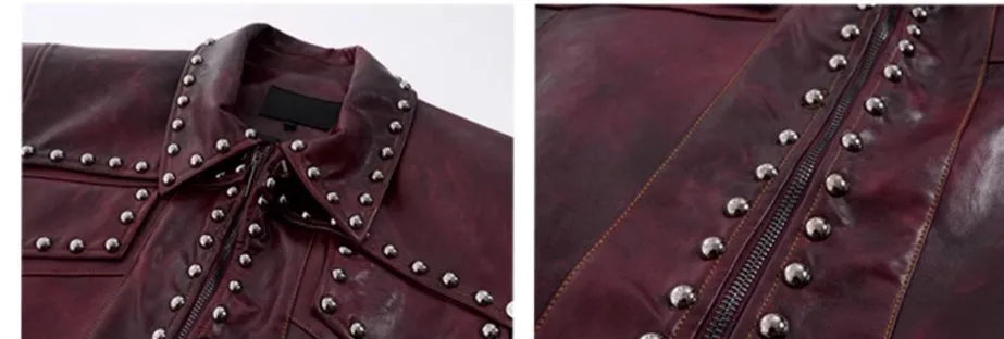 Red special-interest heavy industry rivets leather vest coat set with lapel collar and matching pants