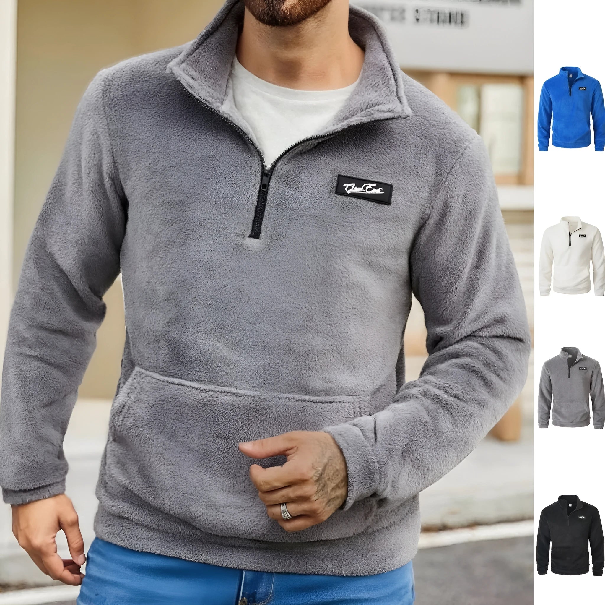Stand collar loose long sleeve half-zip sweatshirt in grey, front view