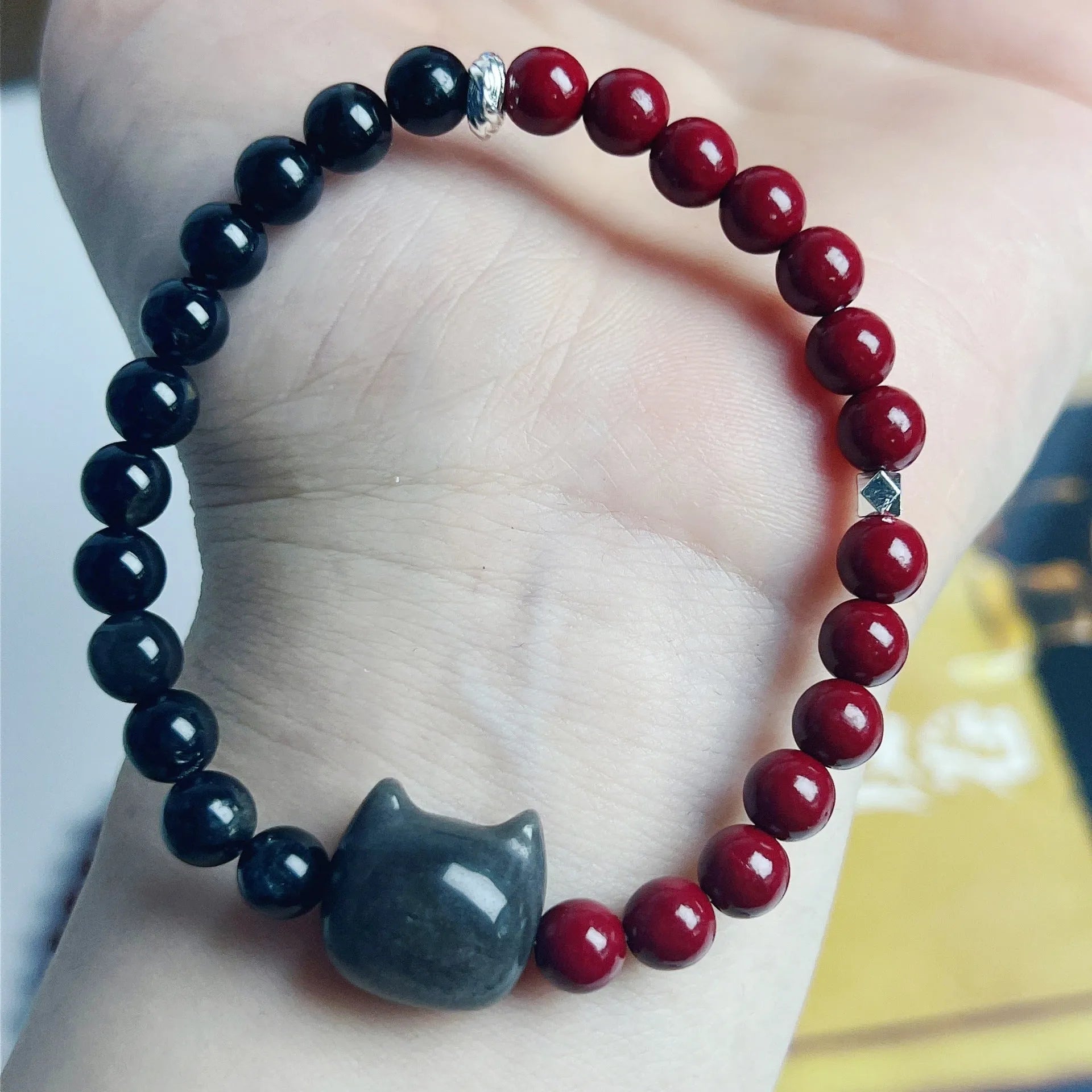 Manual craft colourful obsidian bracelet with cat charm in net red style
