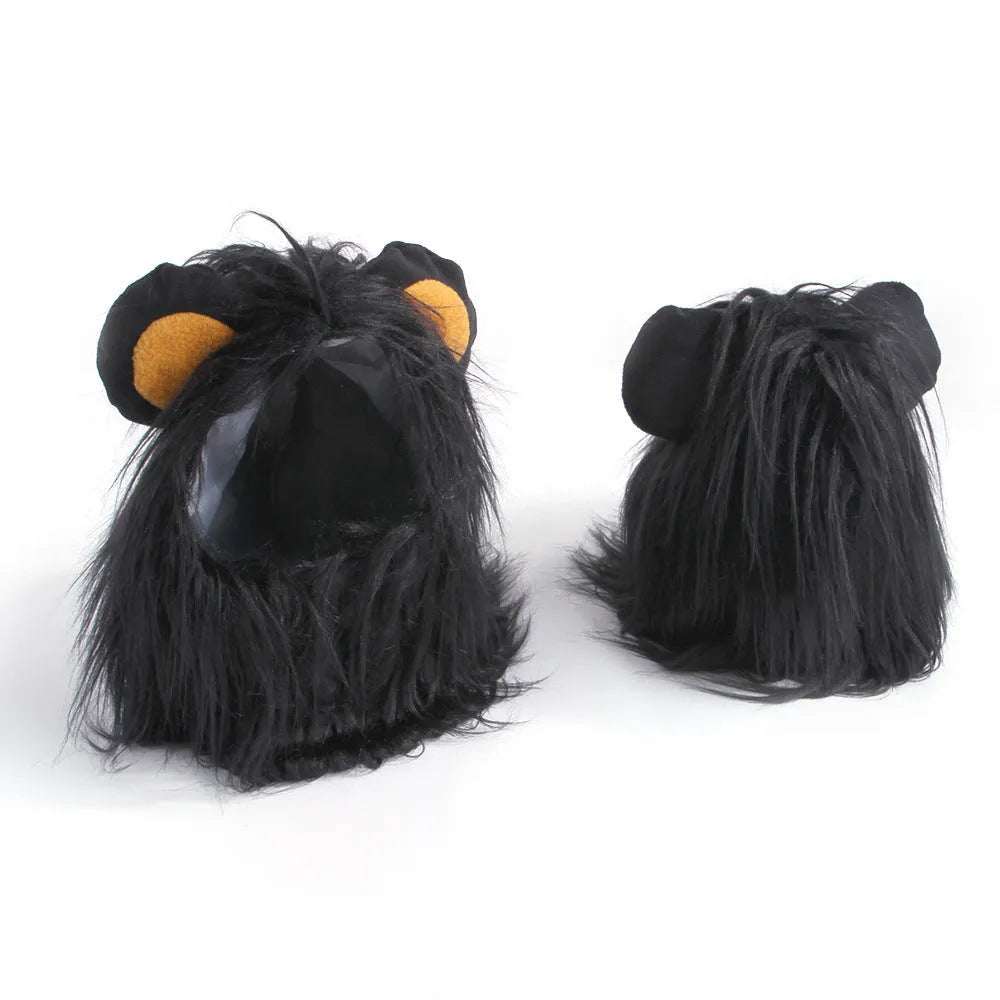 Black lion mane headgear for pet cat with adjustable elastic band